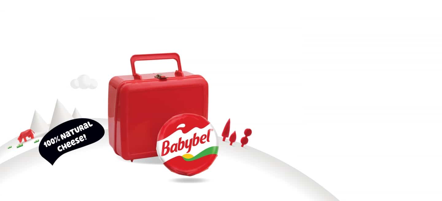 Babybel 100% natural cheese and red lunchbox for school meal.
